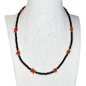 Genuine Coral & Black Crystal Cluster Beaded Sterling Silver Necklace
